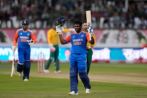 South Africa vs India: India's batsman Sanju Samson celebrates his century