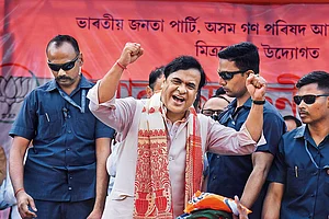 Photo: Getty Images : A New Turf: Assam Chief Minister Himanta Biswa Sarma addressing a rally