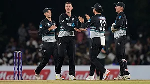 AP : Lockie Ferguson celebrates the wicket of Kamindu Mendis during the second T20I between Sri Lanka and New Zealand in Dambulla on Sunday (November 10, 2024).
