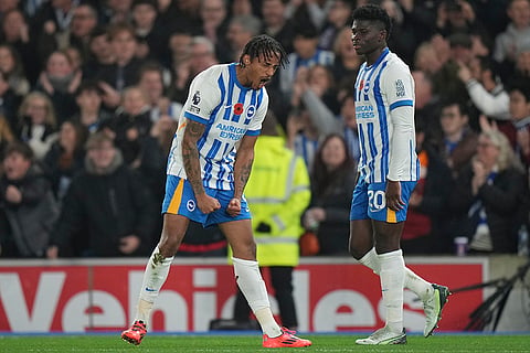 EPL 2024-25: Brighton's Joao Pedro, left, celebrates after scoring