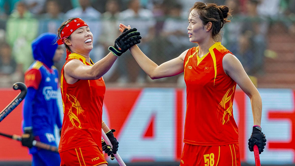 PTI : Chinese players celebrate after scoring a goal during the Women's Asian Champions Trophy 2024 hockey match.