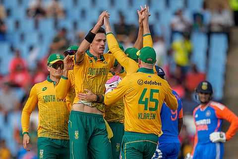 Ind vs SA 3rd T20I: South Africa's Marco Jansen celebrates with teammates after the dismissal of India's Sanju Samson 