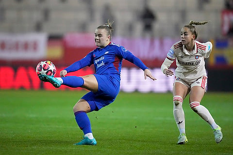 Women's Champions League: Valerenga's Olaug Tvedten clears the ball away from Bayern's Giulia Gwinn