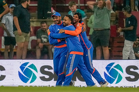 Ind vs SA 3rd T20I: India's Axar Patel, left, celebrates with teammates after the dismissal of South Africa's David Miller 