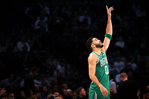 NBA: Celtics' Jayson Tatum prepares for the start of game against Nets