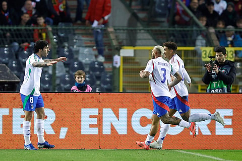 UEFA Nations League soccer: Italy celebrate after Italy's Sandro Tonali, left, scored the opening goal 