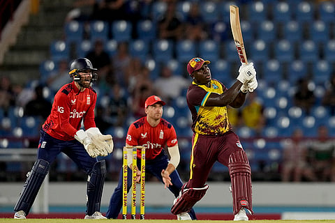 WI Vs ENG, 3rd T20I: West Indies' captain Rovman Powell plays a shot for six runs