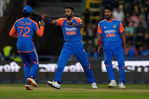 IND vs SA 4th T20: India's Hardik Pandya, center, celebrates with teammates after the dismissal of South Africa's Ryan Rickelton