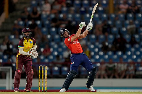 WI Vs ENG, 3rd T20I: England's captain Jos Buttler plays a shot to be caught by West Indies' captain Rovman Powell