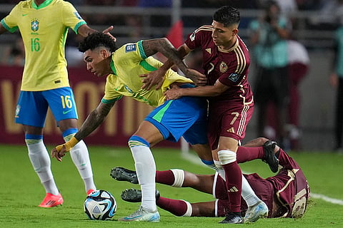 FIFA World Cup 2026 Qualifiers: Brazil's Igor Jesus, left, is challenged by Venezuela's Jefferson Savarino 