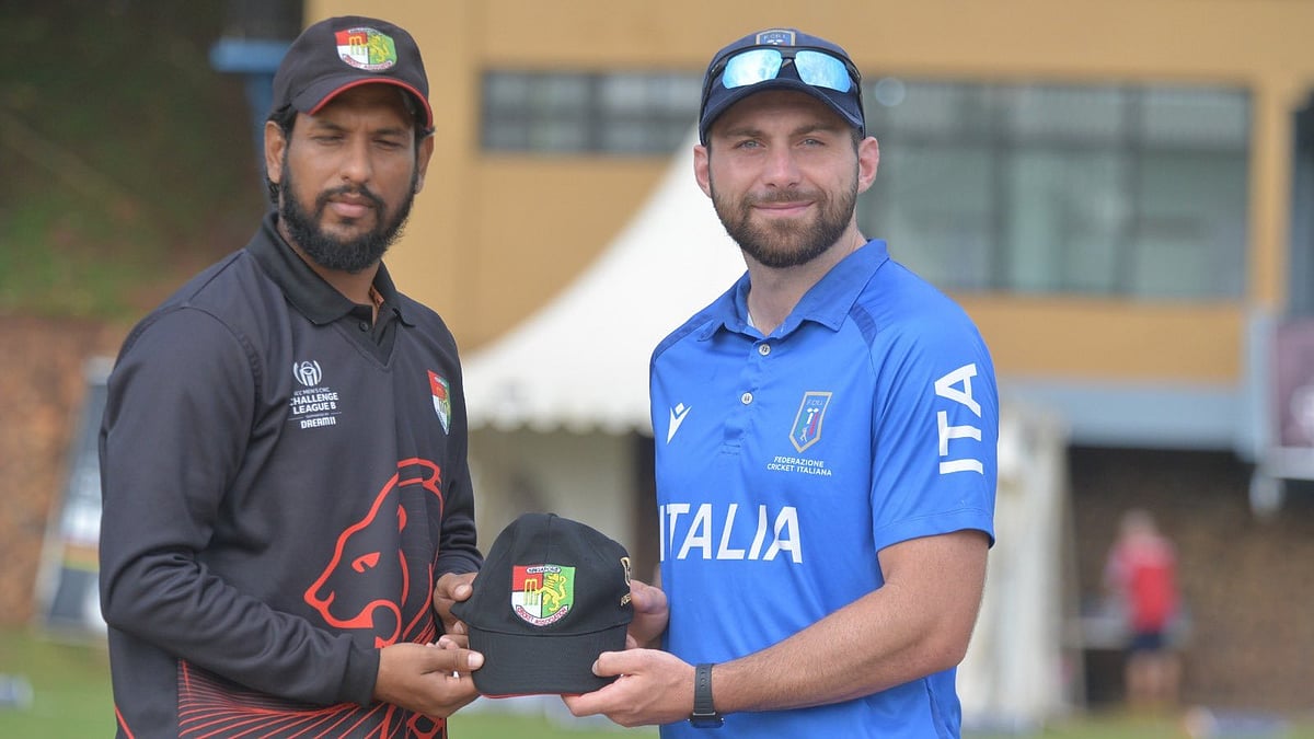 X/Uganda Cricket Association : Captains at the toss for the Singapore vs Italy, ICC Cricket World Cup Challenge League B 2024-2026 match in Kampala.