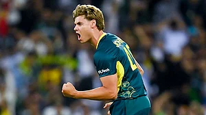 Spencer Johnson celebrates one of his five wickets in Saturday's match