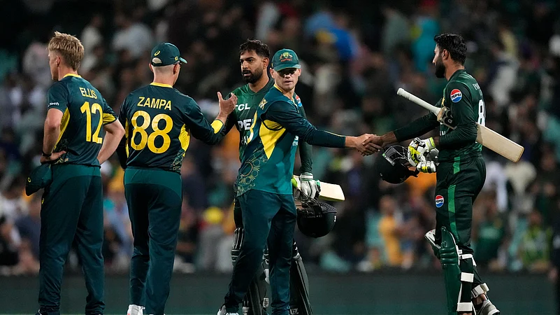 Australias Jake Fraser-McGurk shakes hands with Pakistans Irfan Khan. AP Photo