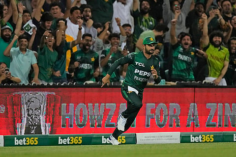 AUS vs PAK 2nd T20I: Pakistan's Sahibzada Farhan celebrates after taking the catch to get Australia's Glenn Maxwell 