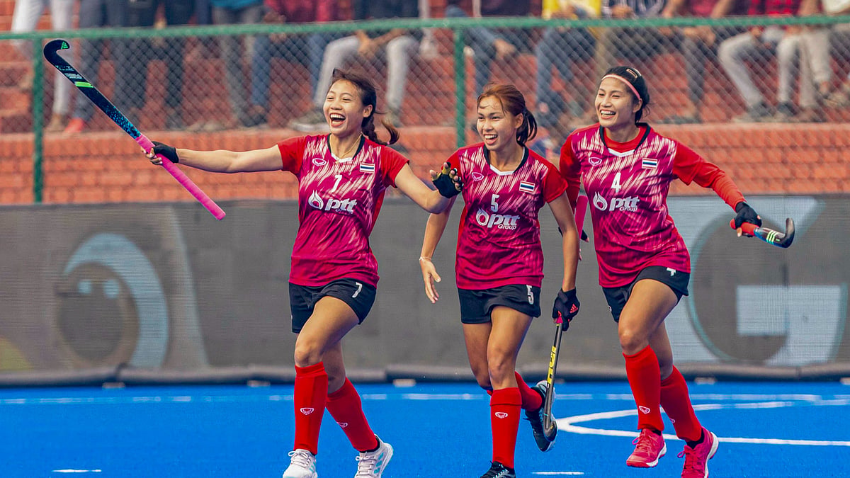Photo: PTI : Thailand's players celebrate after scoring a goal during the Women's Asian Champions Trophy 2024 hockey match between Thailand and Japan in Rajgir, Bihar.