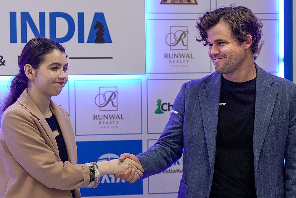 | Photo: PTI/Swapan Mahapatra : Tata Steel Chess India Rapid: Russian GM Aleksandra Goryachkina and Magnus Carlsen of Norway