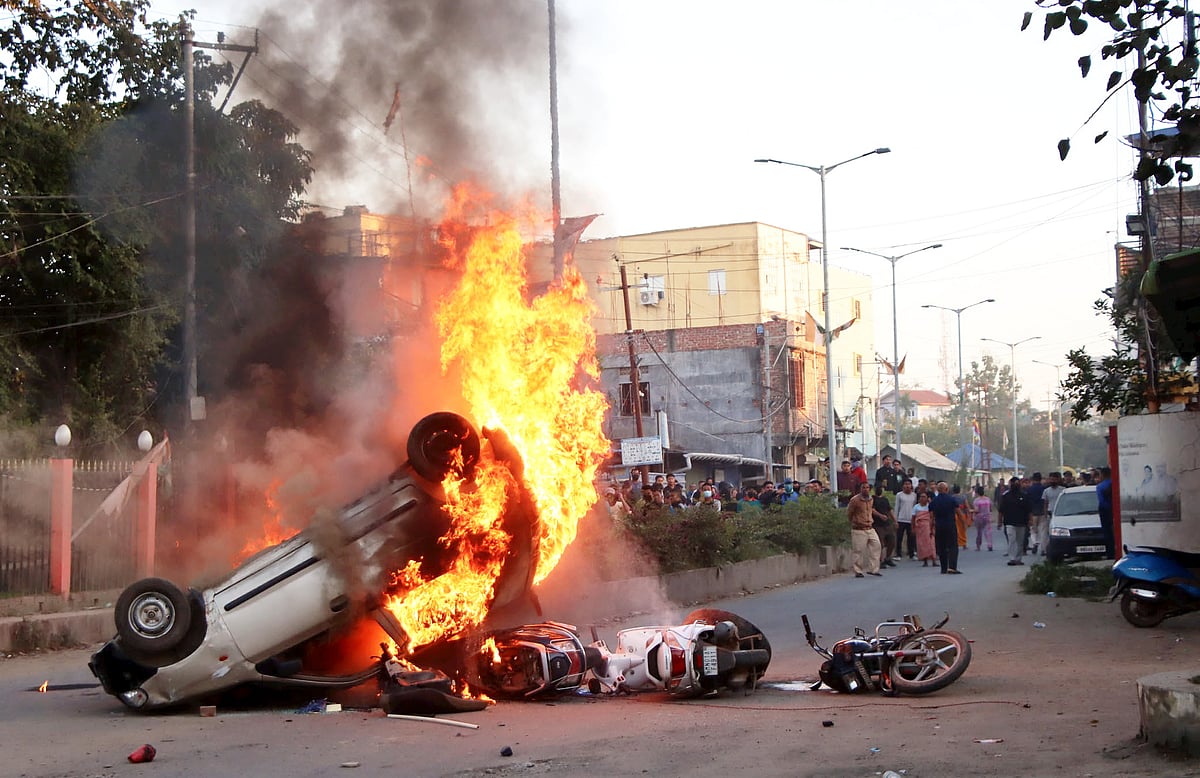 | Photo: PTI : People in Manipur engaged in violent protests after six bodies of missing persons were found in Jiribam district.