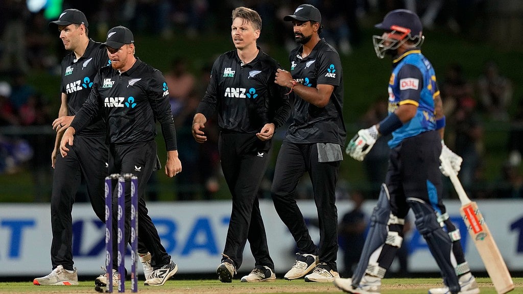 AP : SL vs NZ 2nd ODI Live Score: Michael Bracewell celebrates the wicket of Sri Lanka's Pathum Nissanka during the second ODI cricket match between Sri Lanka and New Zealand.