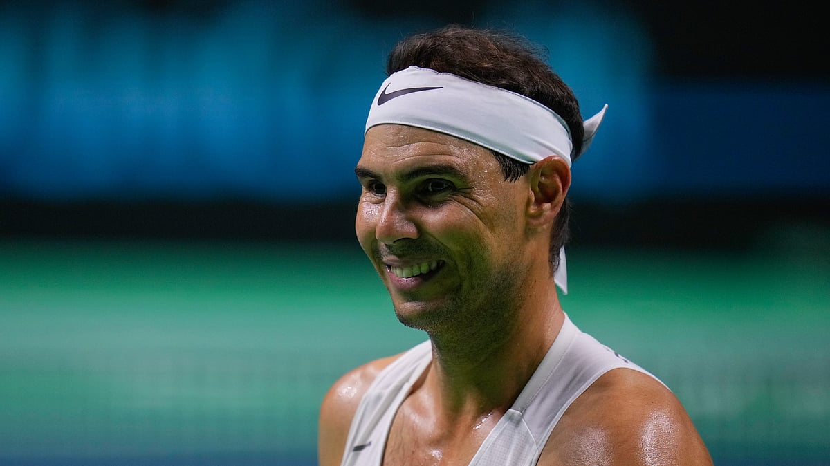 (AP Photo/Manu Fernandez) : Spain's tennis player Rafael Nadal attends a training session in Malaga, southern Spain, on Monday, Nov. 18, 2024. 