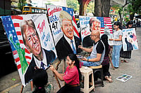 | Photo: AP : India-US Bonhomie: Students of the Gurukul School of Art paint portraits of Donald Trump in Mumbai on November 6, 2024