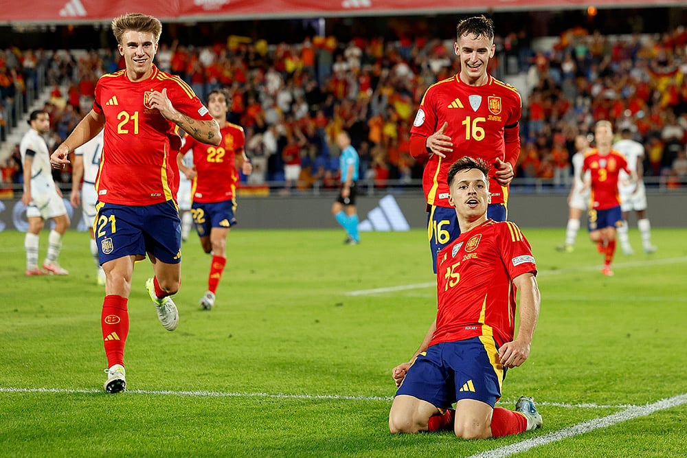 | Photo: AP/Angel Fernandez : Nations League Soccer: Spain's Zaragoza celebrates scoring his side's third goal