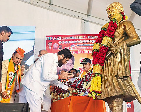 The Shivaji Factor:  Maharashtra Chief Minister Eknath Shinde at a rally in Amravati 