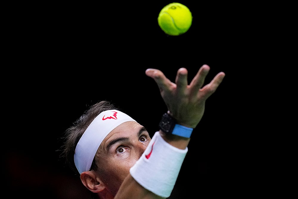 2024 Davis Cup Tennis Finals Rafael Nadal Retires_Rafael Nadal serves