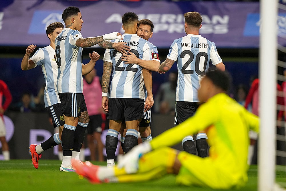 FIFA Soccer World Cup 2026 Qualifiers Argentina Vs Peru football match_Messi and Lautaro