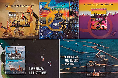 Clockwise: 30th anniversary sheets of the Contract of the Century; Caspian Sea oil platforms and oil rocks
