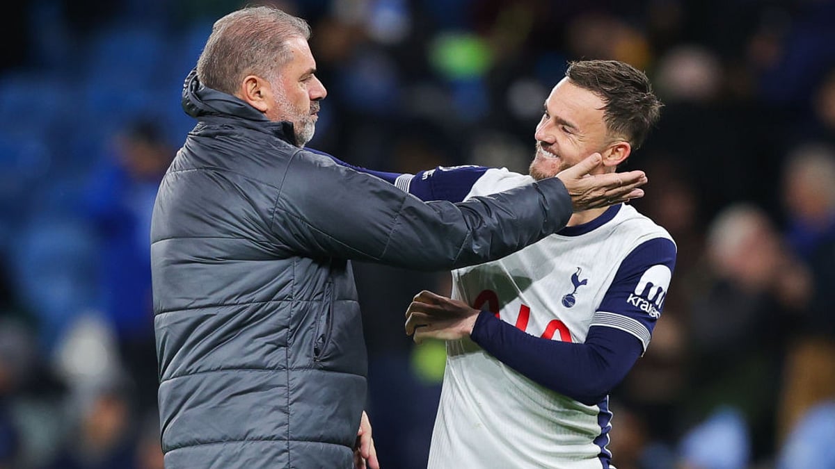 Ange Postecoglou celebrates with James Maddison