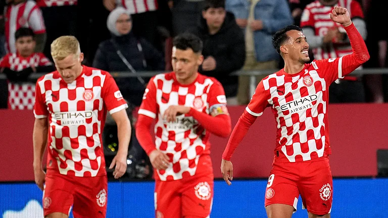 Bojan Miovski of Girona FC celebrates - null