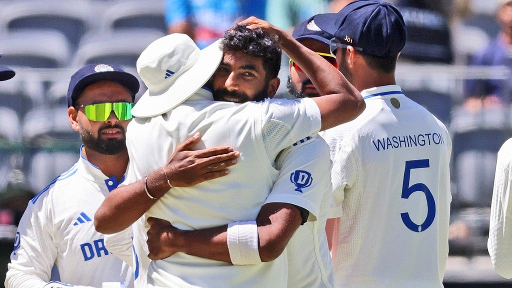 India Jasprit Bumrah celebrates wicket Australias Alex Carey first Test