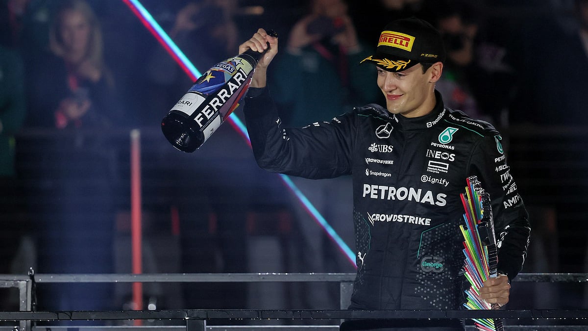 George Russell celebrates his victory at the Las Vegas Grand Prix