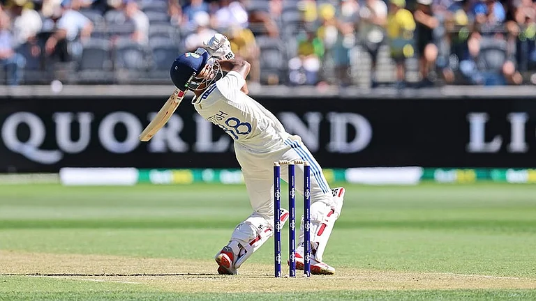 IND Vs AUS 1st Test, Day 1: India's Nitish Kumar Reddy hits a six during play - | Photo: AP/Trevor Collens
