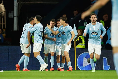 La Liga: Celta's Hugo Alvarez, center, is congratulated after scoring his side's 2nd goal 