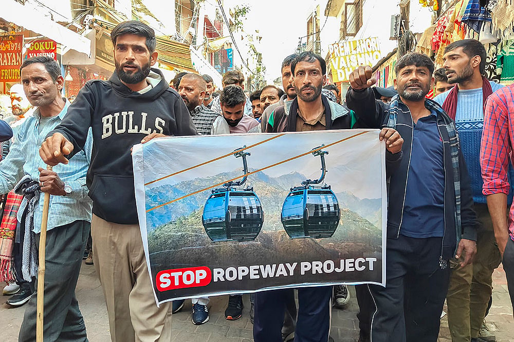Photo: PTI : Protest against Vaishno Devi ropeway project