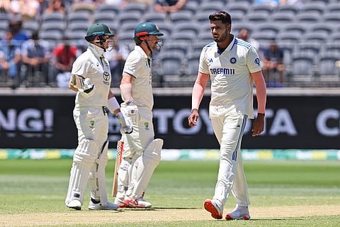 IND Vs AUS 1st Test, Day 4: India's Harshit Rana, right, walks back to bowl the next delivery