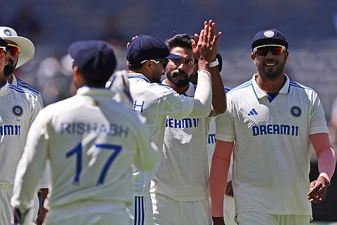 IND Vs AUS 1st Test, Day 4: India's Mohammed Siraj, center celebrates with teammates the wicket of Australia's Usman Khawaja
