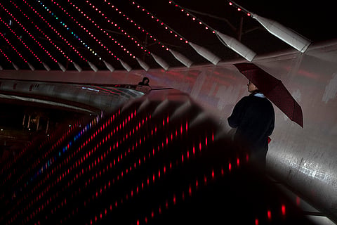 Chords Bridge at the entrance to Jerusalem, illuminated in red