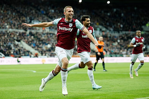 EPL 2024-25: West Ham United's Tomas Soucek, front, celebrates after scoring the opening goal