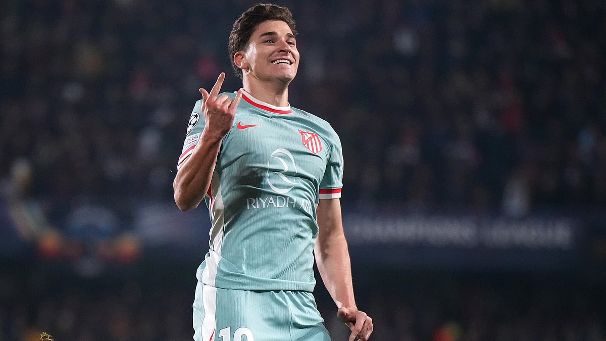 Julian Alvarez celebrates his brace for Atletico Madrid. - null