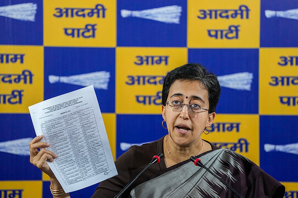 | Photo: PTI/Ravi Choudhary : The development came days after AAP leaders launched the exercise of registering people for the Mukhya Mantri Mahila Samman Yojana and Sanjeevani Yojana.
