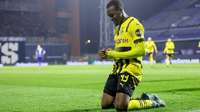 Jamie Gittens celebrates his first-half finish on Wednesday. - null