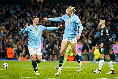 UEFA Champions League: Manchester City's Erling Haaland celebrates with Phil Foden after scoring his side's third goal