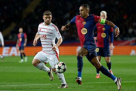 UEFA Champions League: Brest's Hugo Magnetti fights for the ball against Barcelona's Raphinha 