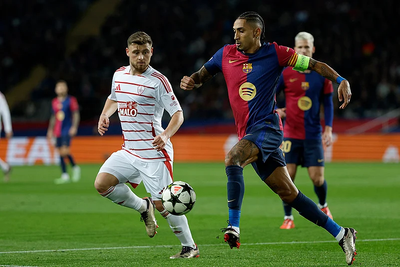 UEFA Champions League soccer Barcelona and Brest football gallery: Raphinha