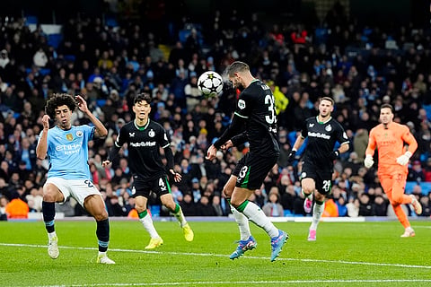 UEFA Champions League: Feyenoord's David Hancko, center, scores his side's third goal