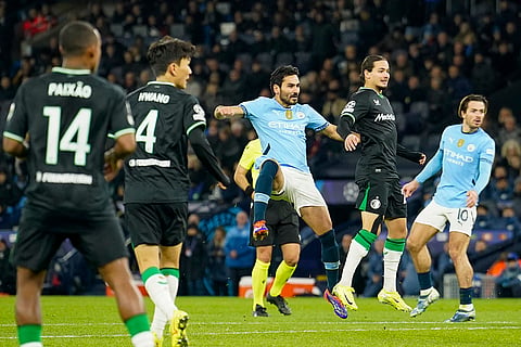 UEFA Champions League: Manchester City's Ilkay Gundogan, center, scores his side's second goal 