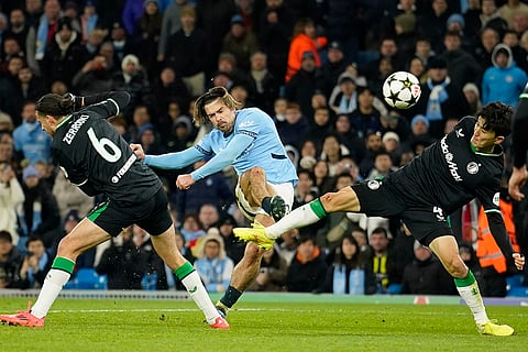 UEFA Champions League: Manchester City's Jack Grealish, center, hits the bar with a shot