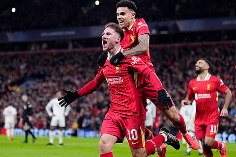 Champions League 2024-25: Liverpool's Alexis Mac Allister, left, celebrates with Luis Diaz after scoring the opening goal 
